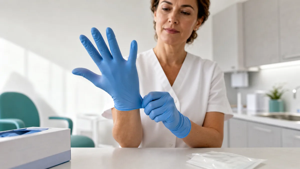 Profissional a colocar luvas de proteção